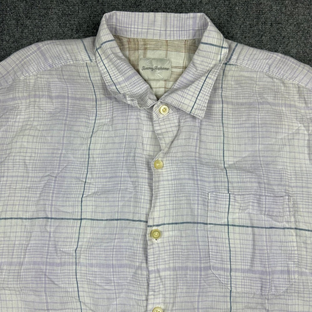 Tommy Bahama 100% Linen Button Up Shirt Mens XXL Purple Plaid Short Sleeve